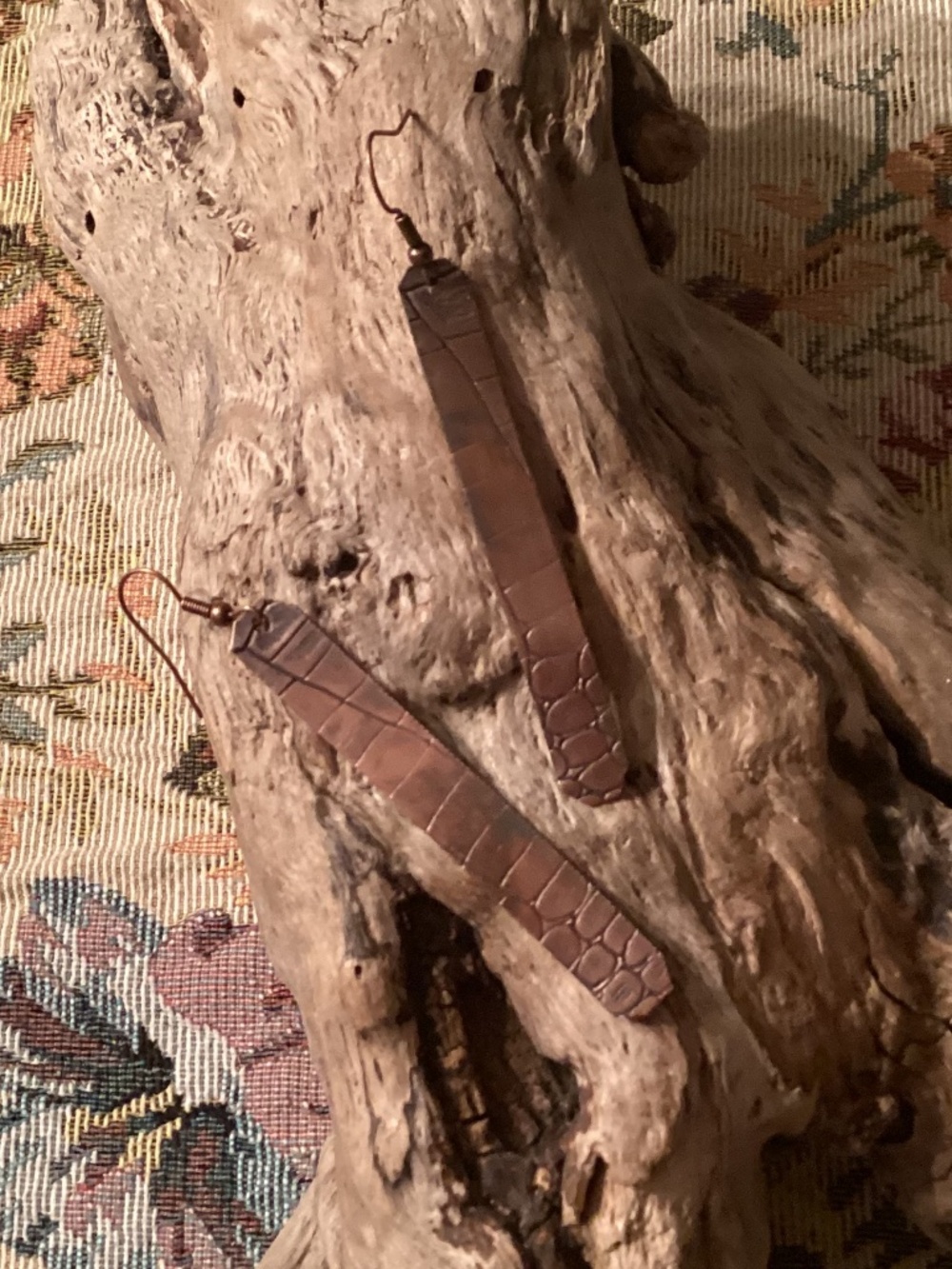 Oxidized Croc Embossed Copper Bar Earrings